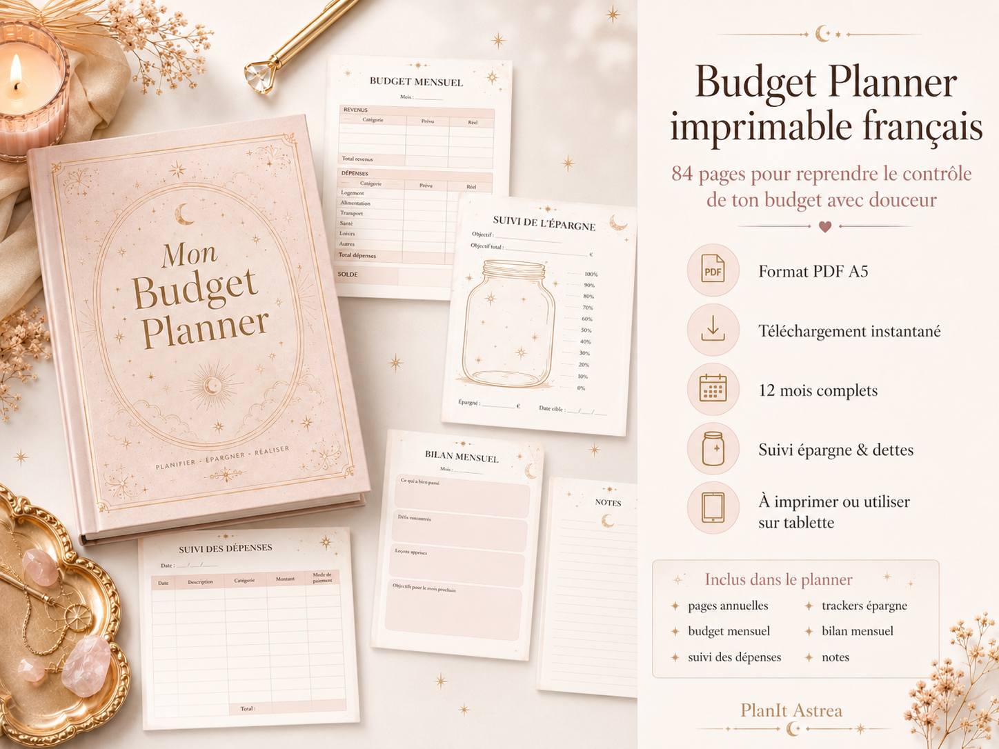 Aperçu du Budget Planner imprimable français PDF A5 PlanIt Astrea