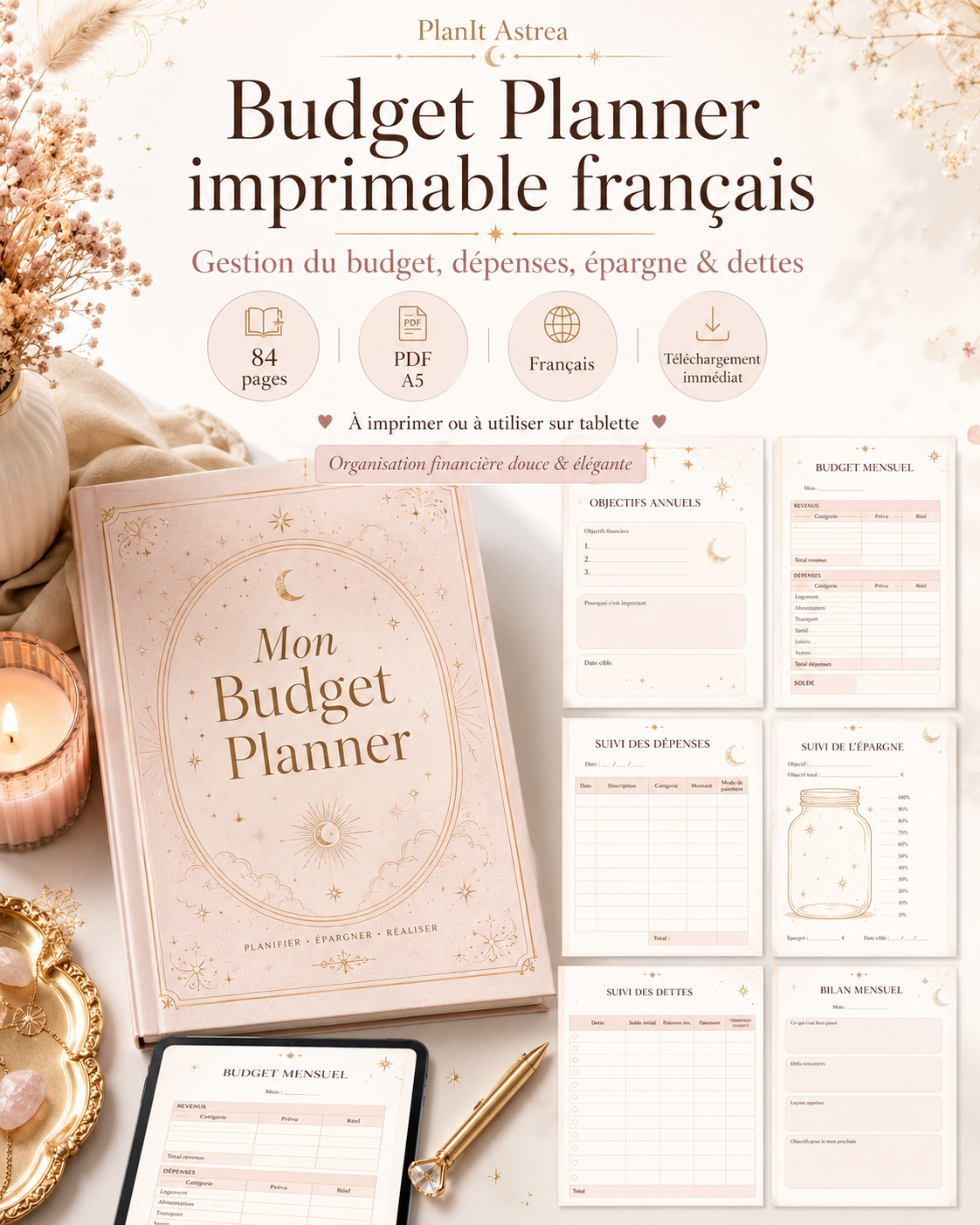 Budget Planner imprimable français PlanIt Astrea avec pages budget, dépenses, épargne et objectifs financiers