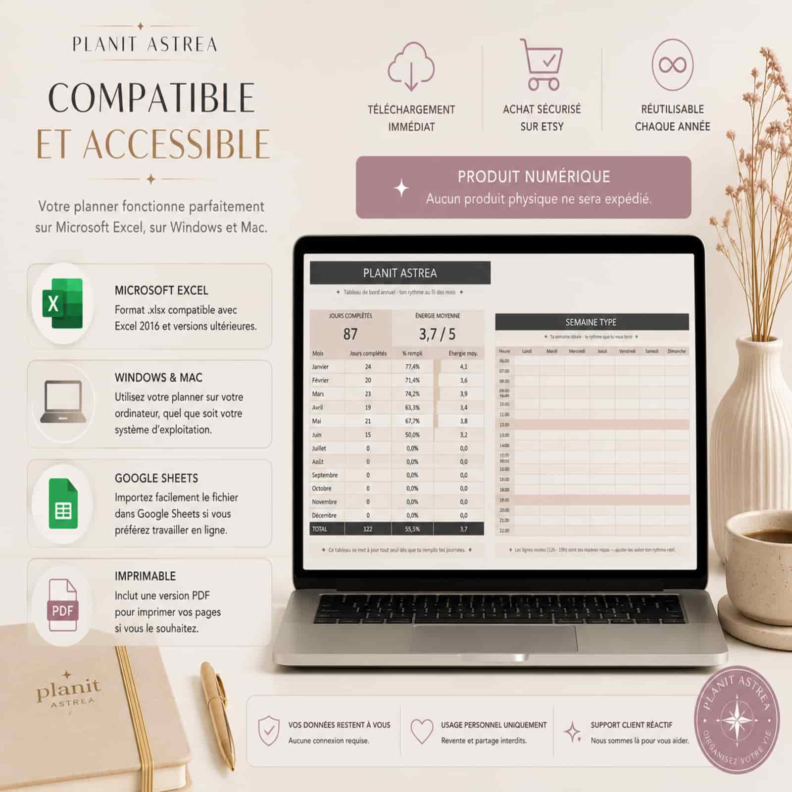 Planner Excel compatible Microsoft Excel sur Windows et Mac