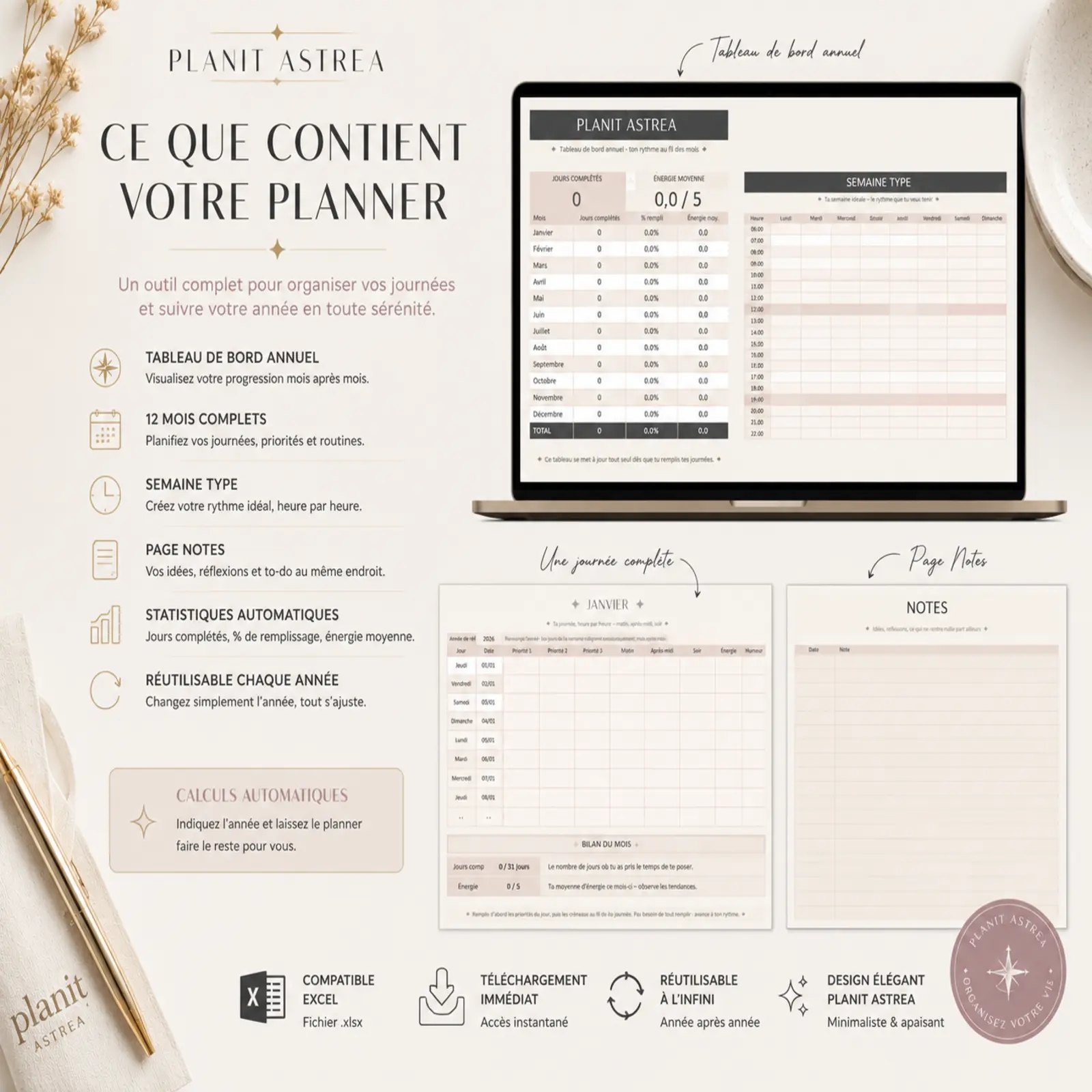 Contenu du planner quotidien Excel annuel