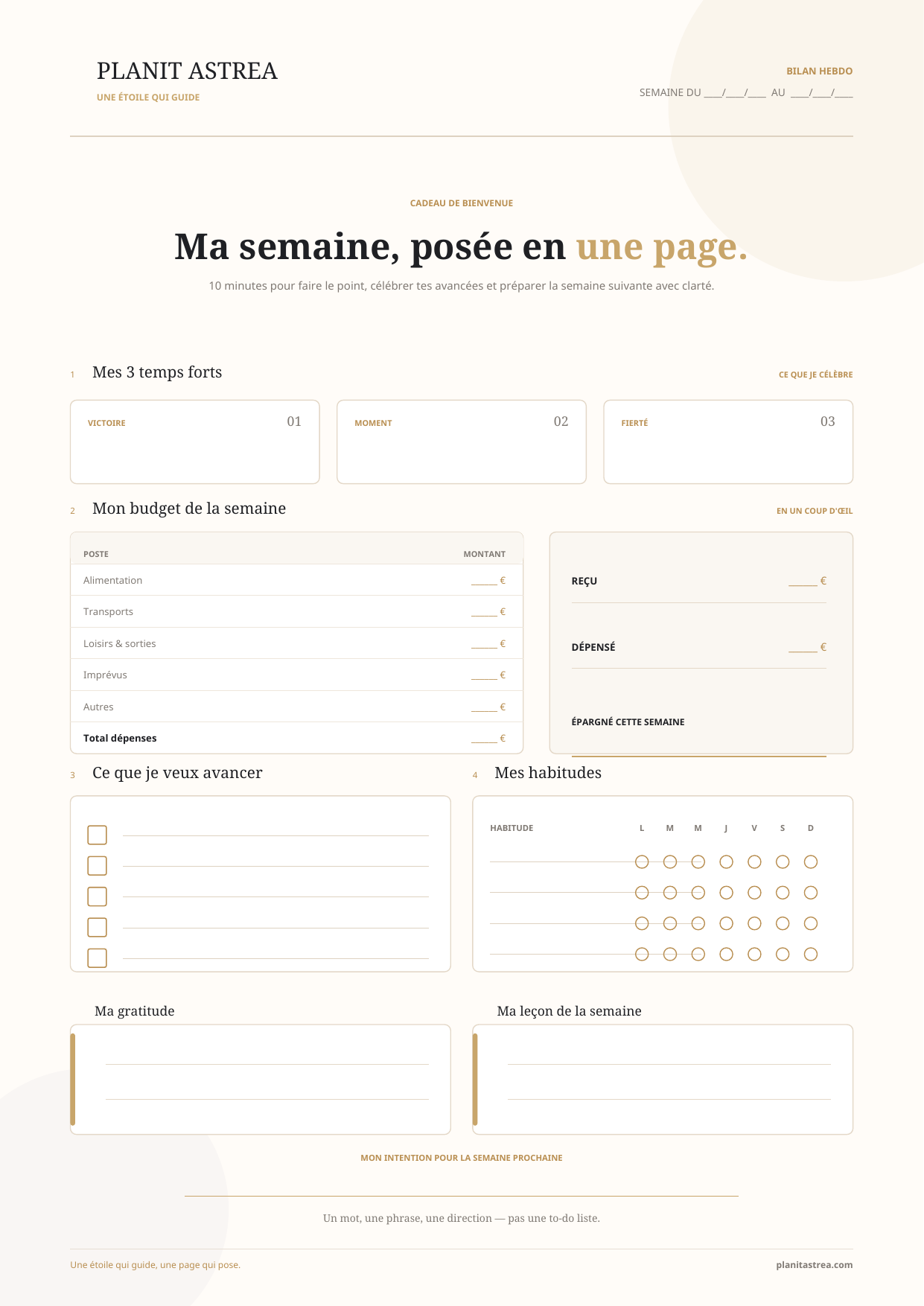 Bilan Hebdo gratuit PlanIt Astrea à imprimer